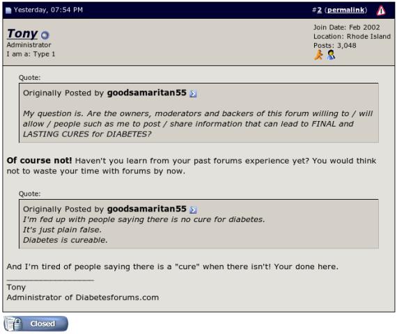 Diabetes Cures banned on diabetes forums